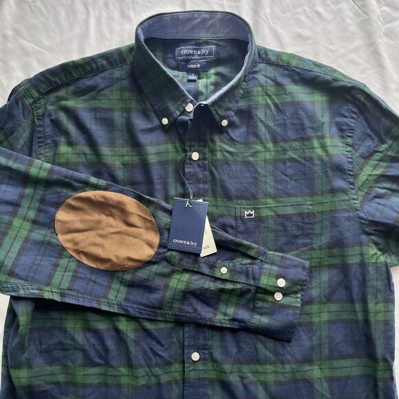 crown & ivy Other - New Crown and Ivy Classic Fit Green Blue Plaid Light Flannel Shirt Mens‎ L